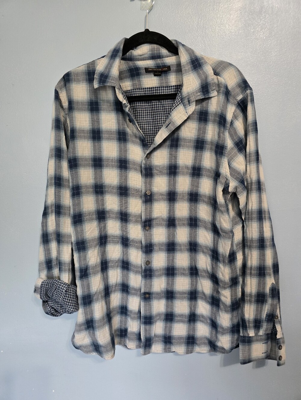 John Varvatos Men's Blue & White Plaid Button Down Shirt L